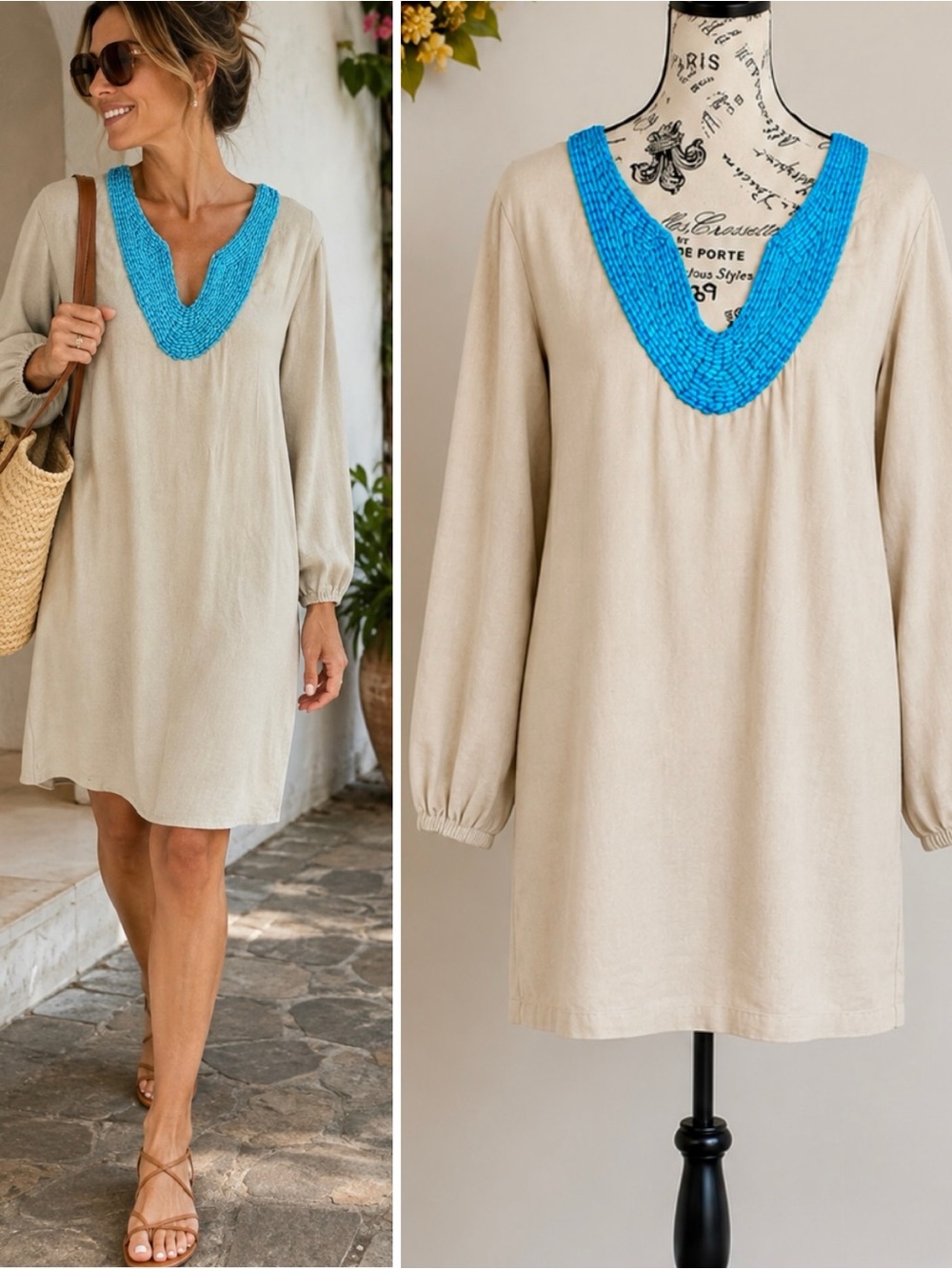 💥FOR CYNTHIA Linen Blend Turquoise Beaded Bib Neck Shift Dress Size M💛